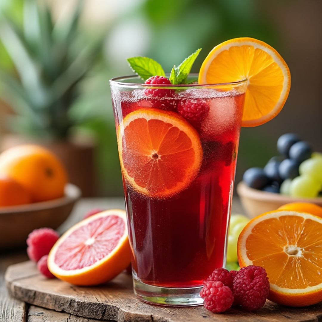 A refreshing glass of red wine sangria garnished with citrus slices and raspberries.