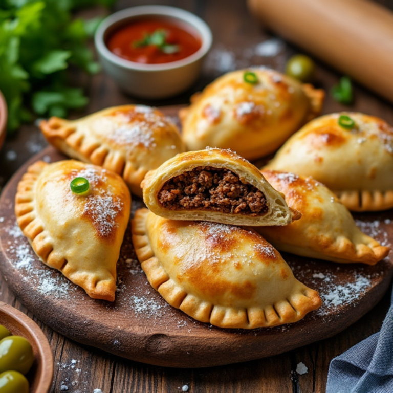 Golden and flaky homemade beef empanadas with savory beef filling and a side of dipping sauce