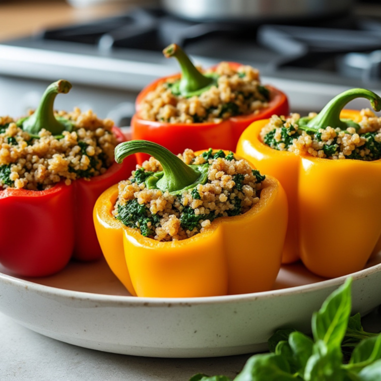 Bright red and yellow bell peppers stuffed with kale and quinoa, topped with a crunchy breadcrumb crust, served on a ceramic plate.