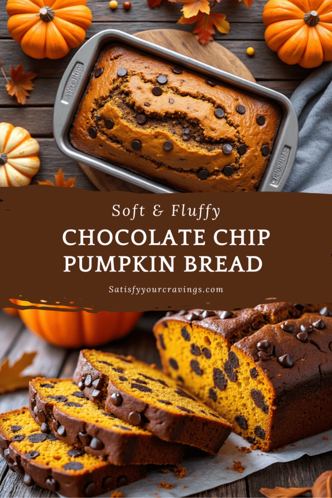 A freshly baked loaf of chocolate chip pumpkin bread in a pan, topped with melty chocolate chips, surrounded by mini pumpkins and colorful autumn leaves.