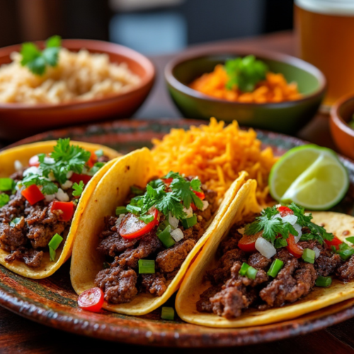 Three Carne Asada Tacos topped with fresh cilantro, onions, and tomatoes on a plate, served with Mexican rice and lime wedges.