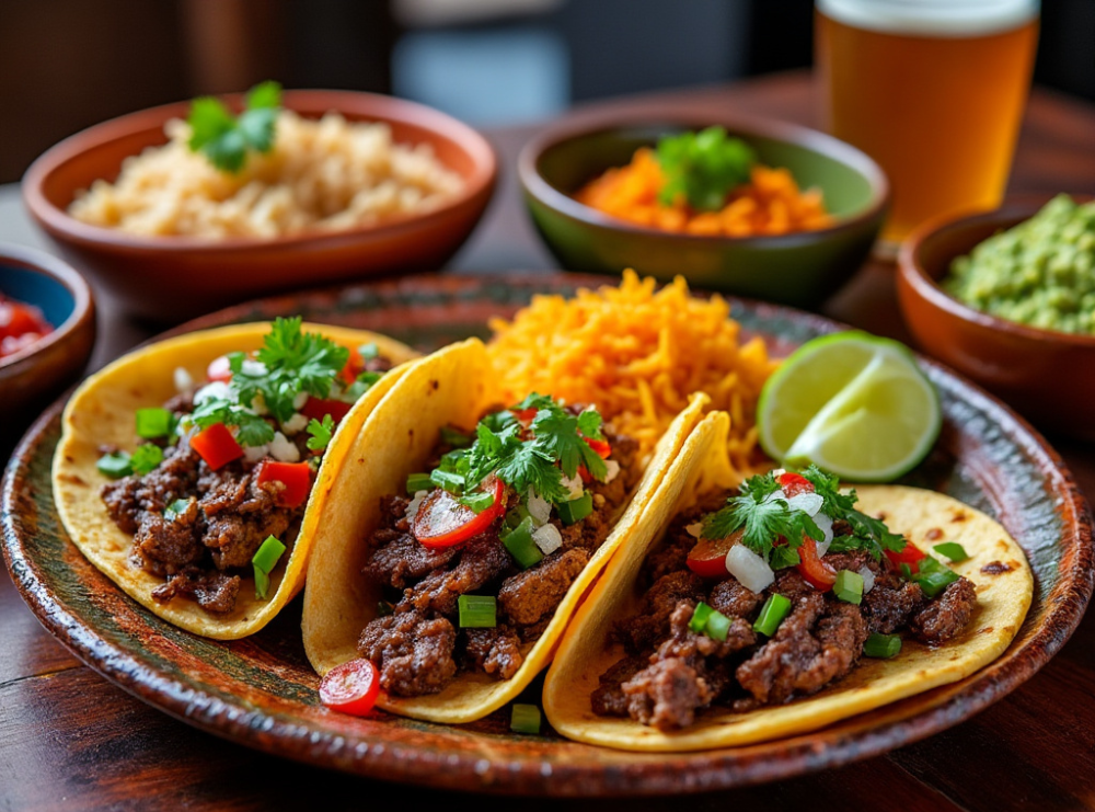 Three Carne Asada Tacos topped with fresh cilantro, onions, and tomatoes on a plate, served with Mexican rice and lime wedges.