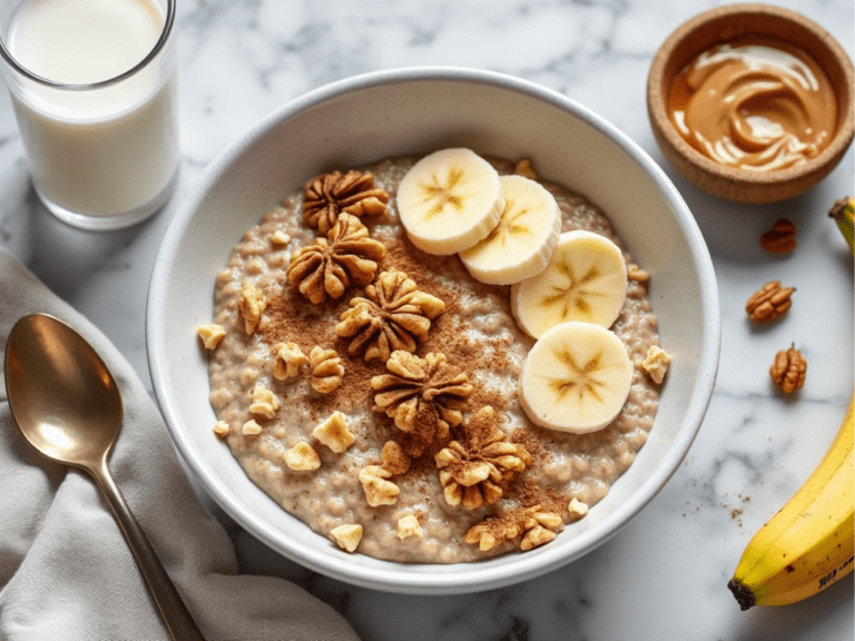 A bowl of Banana Nut Oatmeal topped with banana slices, walnuts, and cinnamon, placed beside a glass of milk and a spoon.