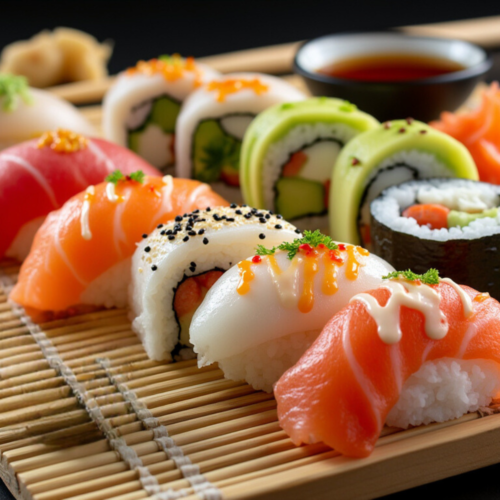 A variety of sushi rolls neatly arranged on a bamboo mat with soy sauce and wasabi on the side.