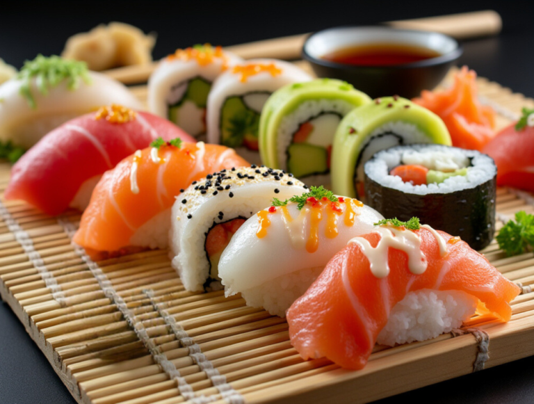 A variety of sushi rolls neatly arranged on a bamboo mat with soy sauce and wasabi on the side.