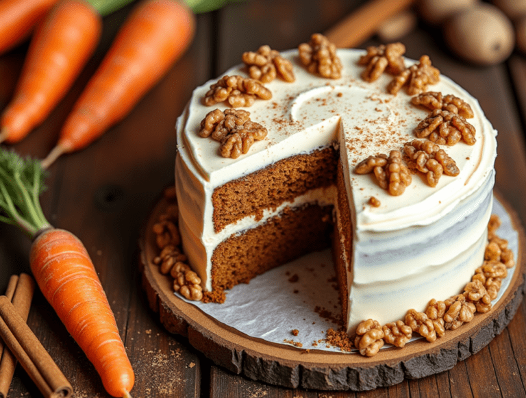 A beautifully frosted spiced carrot cake with cream cheese frosting and walnuts on top, set on a rustic wooden table with carrots and cinnamon sticks around.