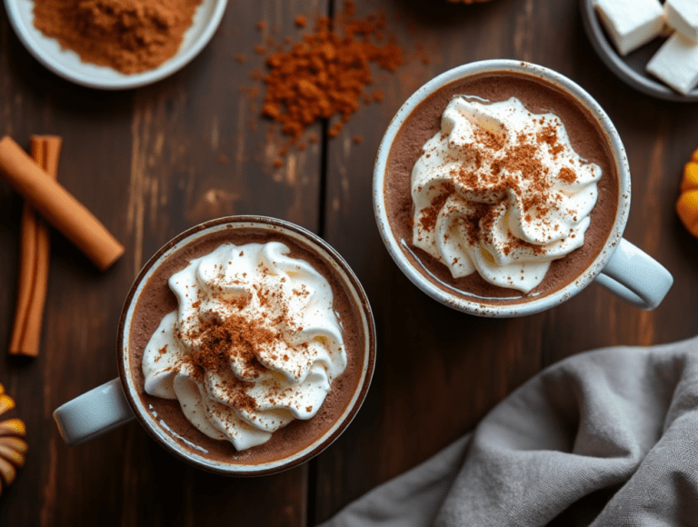 Two cups of hot chocolate topped with whipped cream and cinnamon powder, surrounded by cocoa powder and cinnamon sticks.