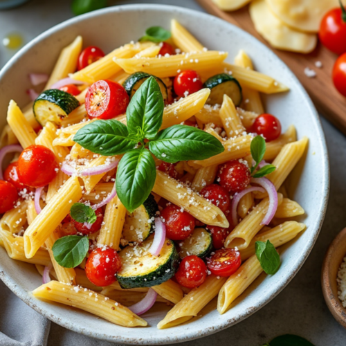 Roasted Veggie Pasta with zucchini, cherry tomatoes, and fresh basil.