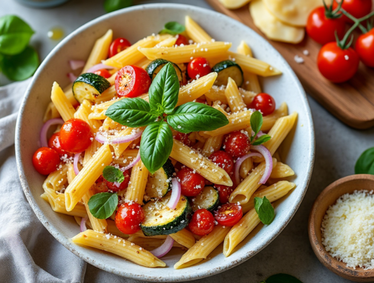 Roasted Veggie Pasta with zucchini, cherry tomatoes, and fresh basil.