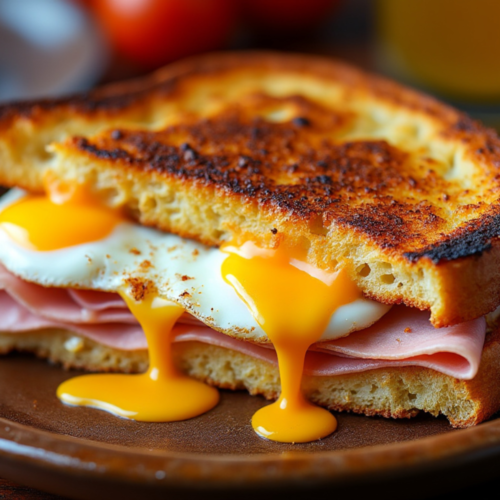 A grilled Cuban sandwich with ham, melted cheese, and a fried egg with runny yolk.