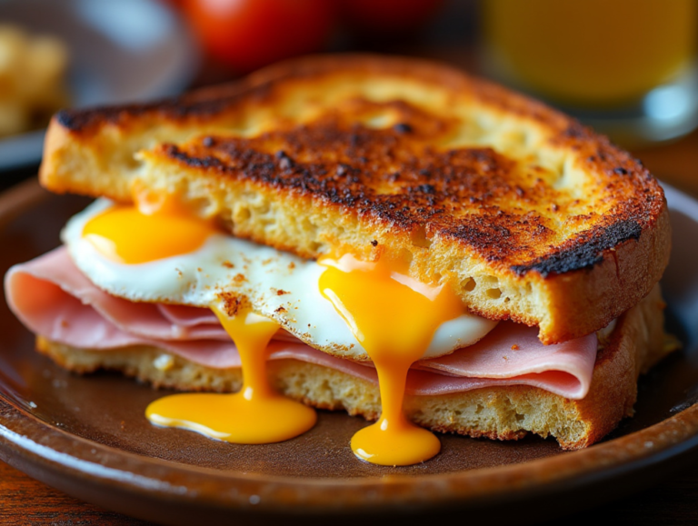 A grilled Cuban sandwich with ham, melted cheese, and a fried egg with runny yolk.