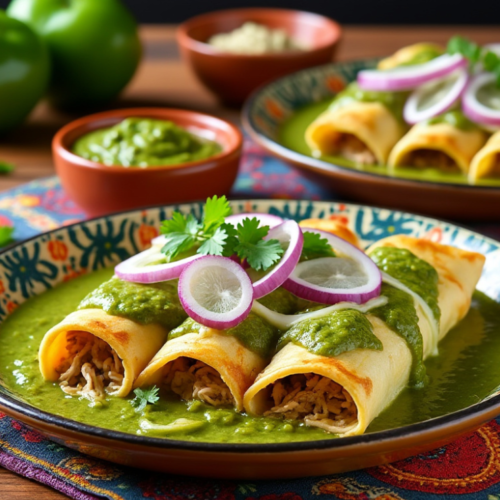 Three enchiladas verdes de pollo topped with salsa verde, red onion slices, and cilantro, served on a decorative Mexican plate.