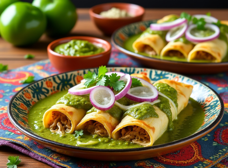 Three enchiladas verdes de pollo topped with salsa verde, red onion slices, and cilantro, served on a decorative Mexican plate.