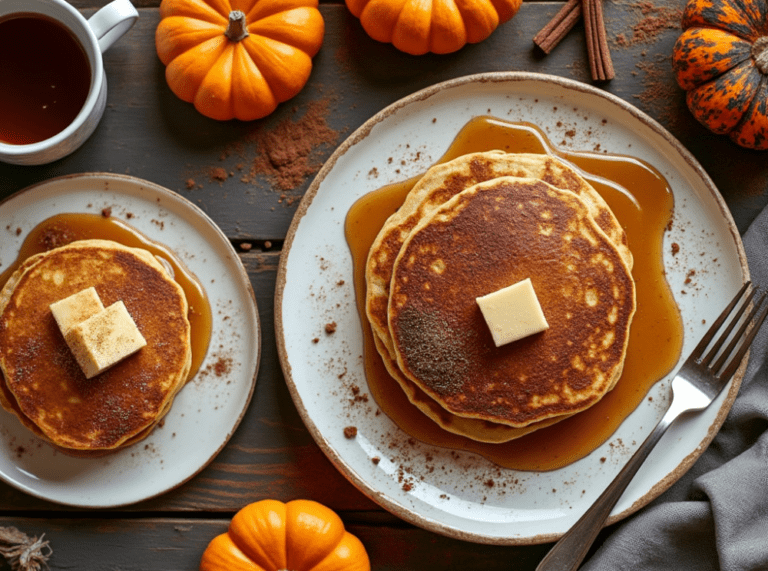 Stack of golden pumpkin spice pancakes topped with butter and maple syrup, surrounded by small pumpkins and cinnamon sticks.