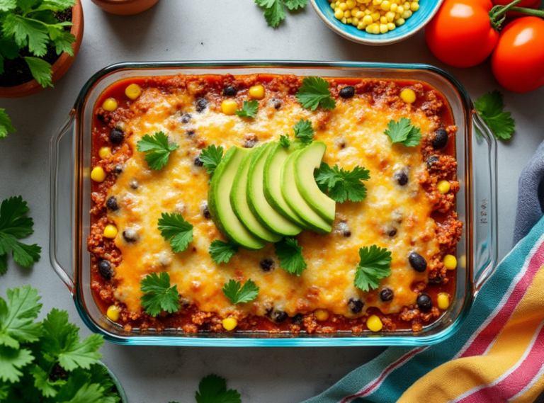 Overhead view of a quinoa enchilada casserole topped with cheese, avocado slices, and cilantro.