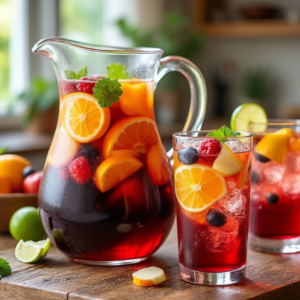 A pitcher of red wine sangria with glasses filled with ice, citrus slices, and berries.