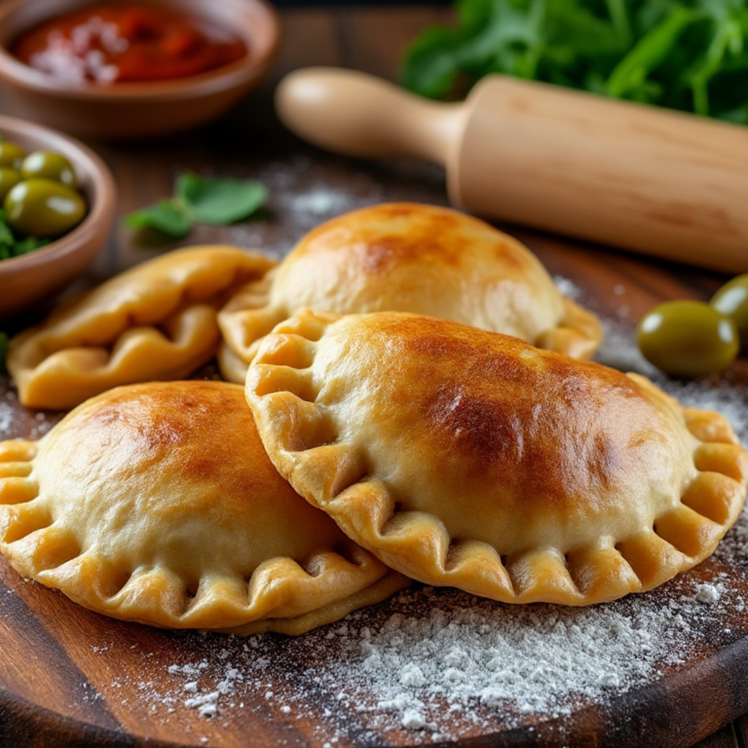 Homemade beef empanadas on a rustic wooden board with rolling pin and fresh ingredients