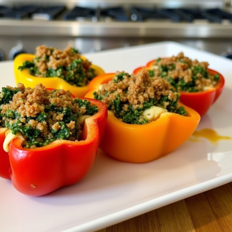 A wooden cutting board with vibrant red and yellow bell peppers stuffed with quinoa and kale, ready for baking.