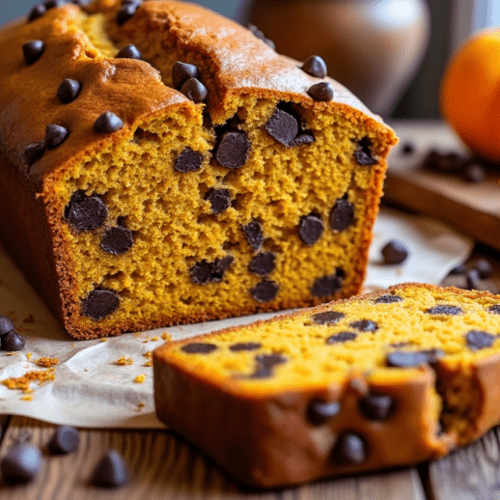 A slice of chocolate chip pumpkin bread showing its moist and fluffy texture with chocolate chips evenly distributed throughout.