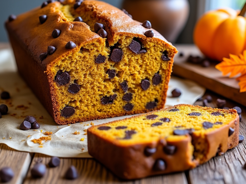 A slice of chocolate chip pumpkin bread showing its moist and fluffy texture with chocolate chips evenly distributed throughout.