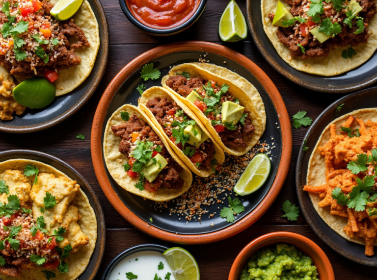 A spread of Carne Asada Tacos served with guacamole, salsa, lime wedges, and various Mexican sides on a table.