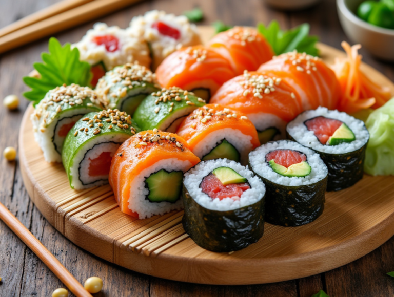 Assorted sushi rolls with salmon, avocado, and cucumber, neatly placed on a wooden sushi board.