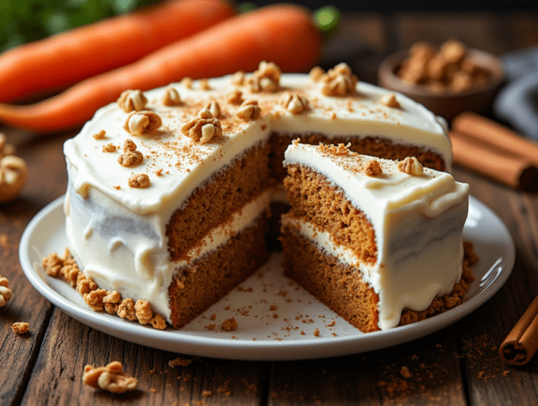 A spiced carrot cake with layers of cream cheese frosting and a slice taken out, surrounded by walnuts and whole carrots.