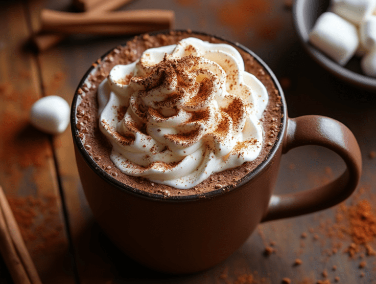 A rich hot chocolate topped with whipped cream and cinnamon in a brown mug, placed on a wooden surface with cinnamon sticks.