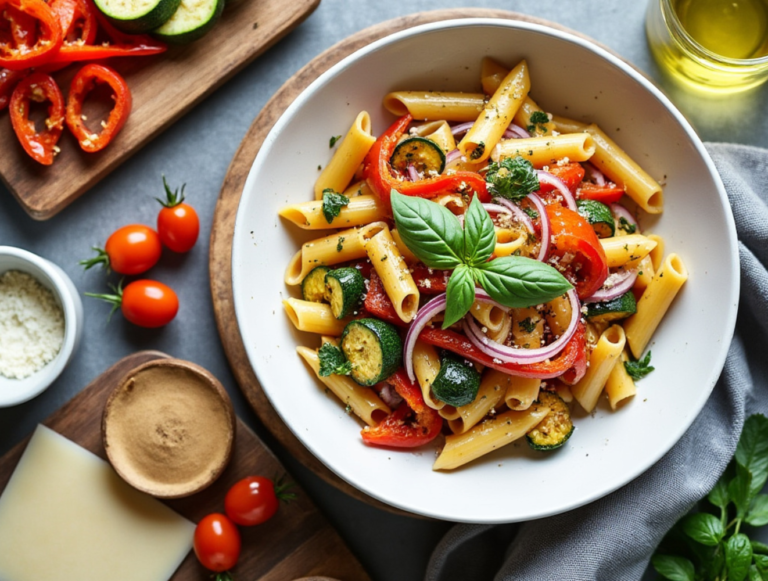 Roasted Veggie Pasta with colorful bell peppers and zucchini.