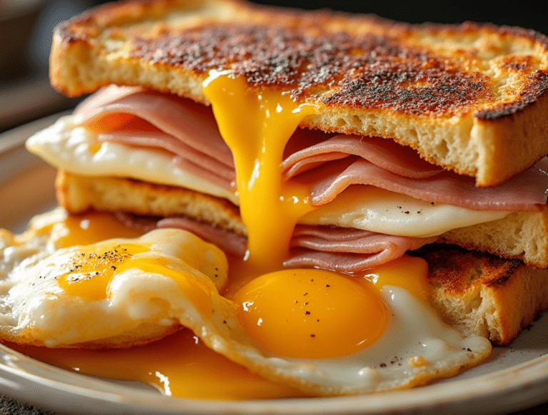 Two slices of Cuban toast sandwiching ham and cheese with two fried eggs and runny yolks.