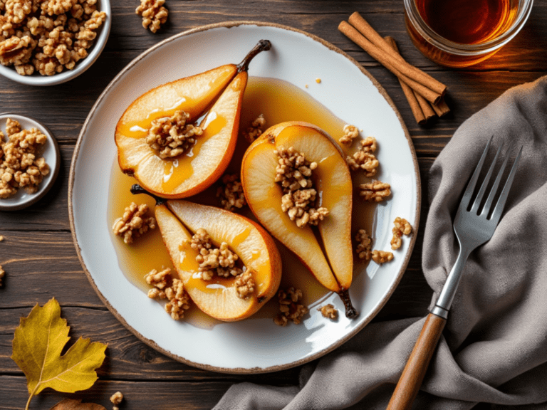 Halved baked pears with maple syrup and walnut topping on a white plate, surrounded by cinnamon sticks and a rustic wooden background.