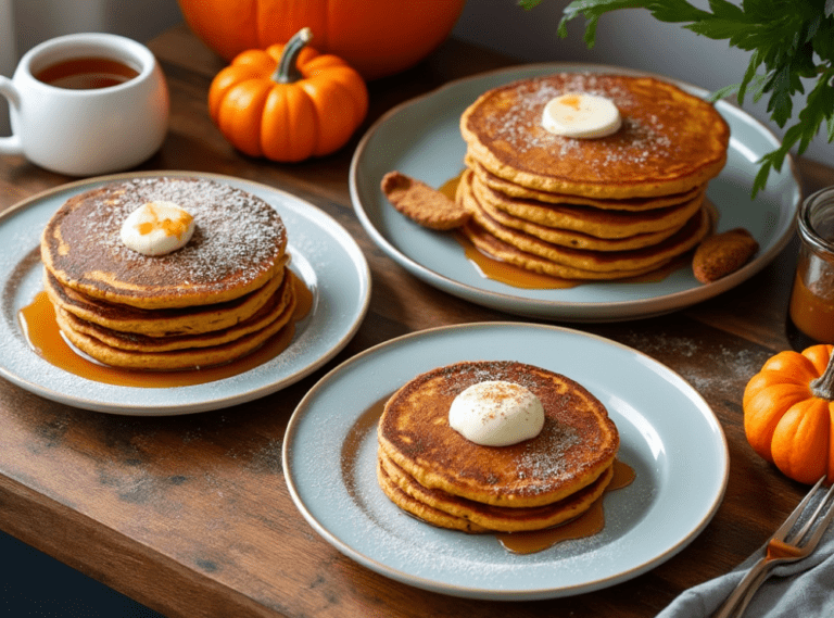 Plates of pumpkin spice pancakes topped with whipped cream and dusted with powdered sugar, accompanied by pumpkins and a cup of coffee.