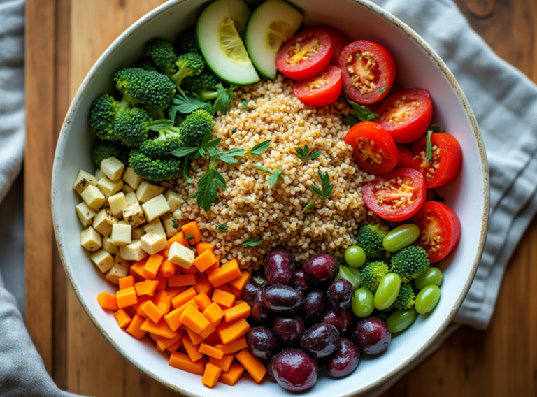 A colorful quinoa bowl with a variety of fresh vegetables including cherry tomatoes, broccoli, and cubed carrots, arranged artfully in a white bowl.