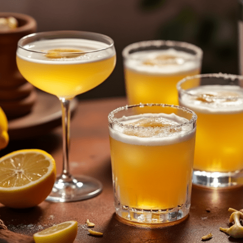 A combination of Pisco Sour cocktails served in coupe glasses and old-fashioned glasses, garnished with lemon slices, with a lemon and shaker in the background.