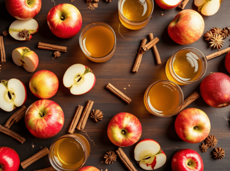 A top-down view of glasses filled with spiced apple cider, surrounded by sliced and whole apples, cinnamon sticks, and star anise on a dark wooden surface.