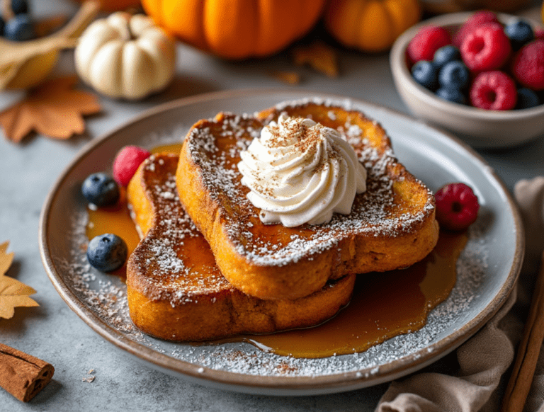 Pumpkin spice French toast topped with whipped cream and powdered sugar, served with fresh berries.