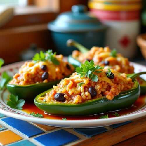 Three stuffed poblano peppers with cheese and black beans, garnished with fresh cilantro on a plate.