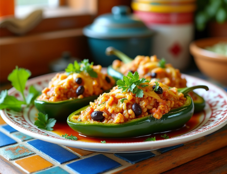 Three stuffed poblano peppers with cheese and black beans, garnished with fresh cilantro on a plate.