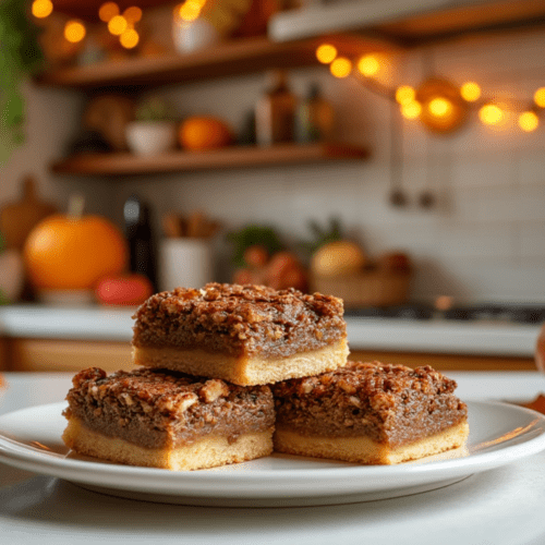 Three pecan pie bars neatly arranged on a plate with fall-themed kitchen decor in the background.