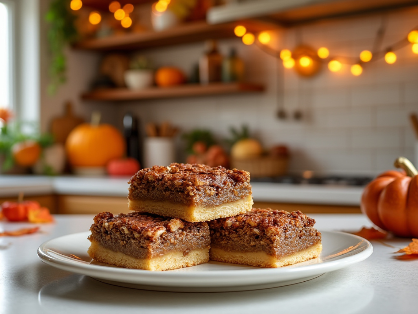 Three pecan pie bars neatly arranged on a plate with fall-themed kitchen decor in the background.