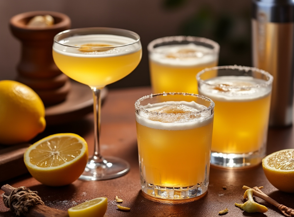 A combination of Pisco Sour cocktails served in coupe glasses and old-fashioned glasses, garnished with lemon slices, with a lemon and shaker in the background.