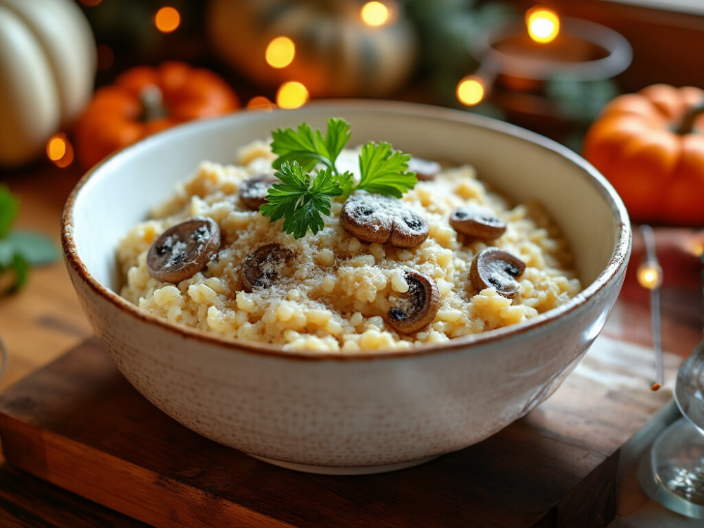 A bowl of creamy mushroom risotto topped with fresh parsley and sautéed mushrooms.