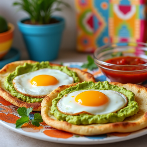 Arepas with avocado spread and sunny-side-up eggs served with salsa.