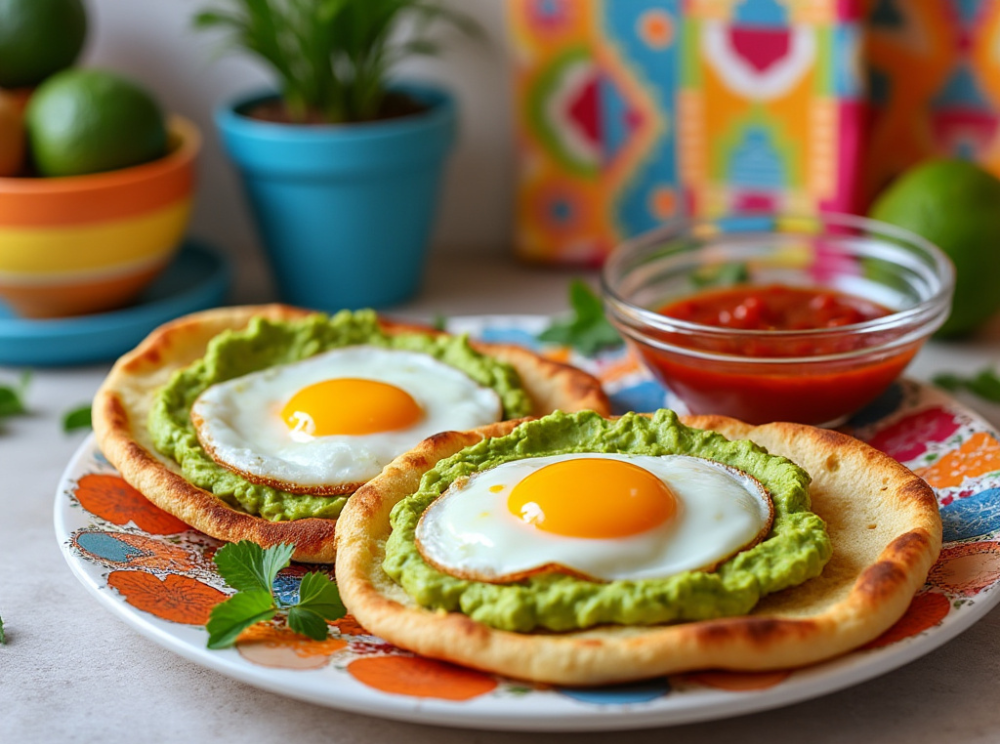 Arepas with avocado spread and sunny-side-up eggs served with salsa.