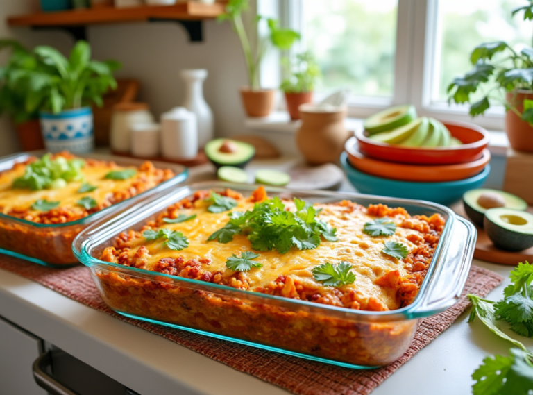 Two quinoa enchilada casseroles side by side, topped with melted cheese, cilantro, and avocado slices.