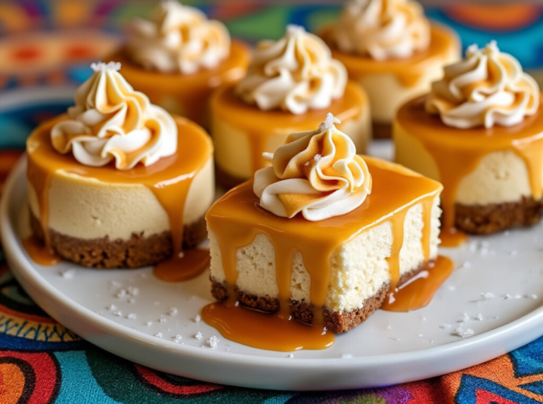 Mini Dulce de Leche Cheesecakes drizzled with caramel and topped with whipped cream and sea salt.