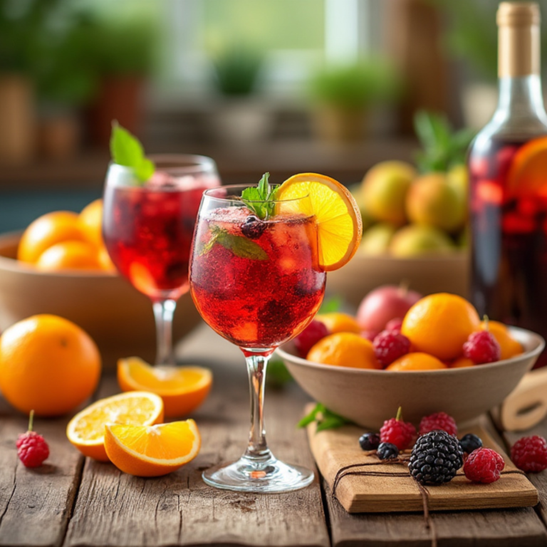 Two wine glasses of sangria garnished with orange slices and mint, surrounded by fresh fruits.