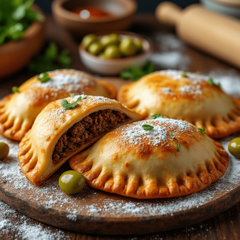 Baked beef empanadas with savory ground beef filling, served with green olives