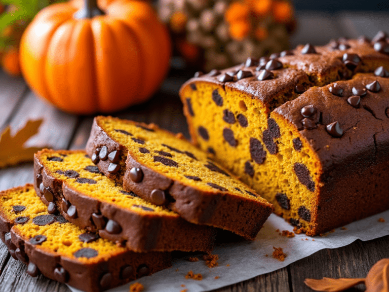 Several slices of chocolate chip pumpkin bread arranged on a wooden surface, with vibrant pumpkins and autumn leaves in the background.