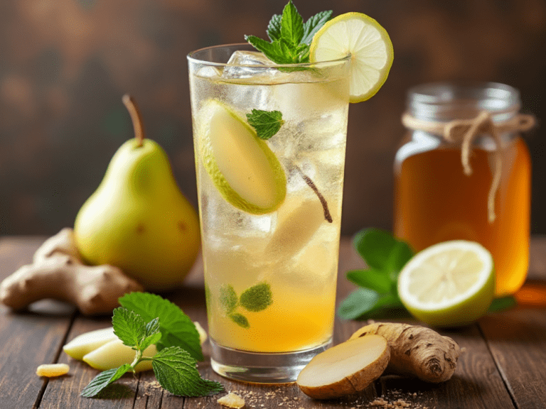 Glass of Pear and Ginger Sparkler with fresh pear, ginger root, and honey on a wooden table"